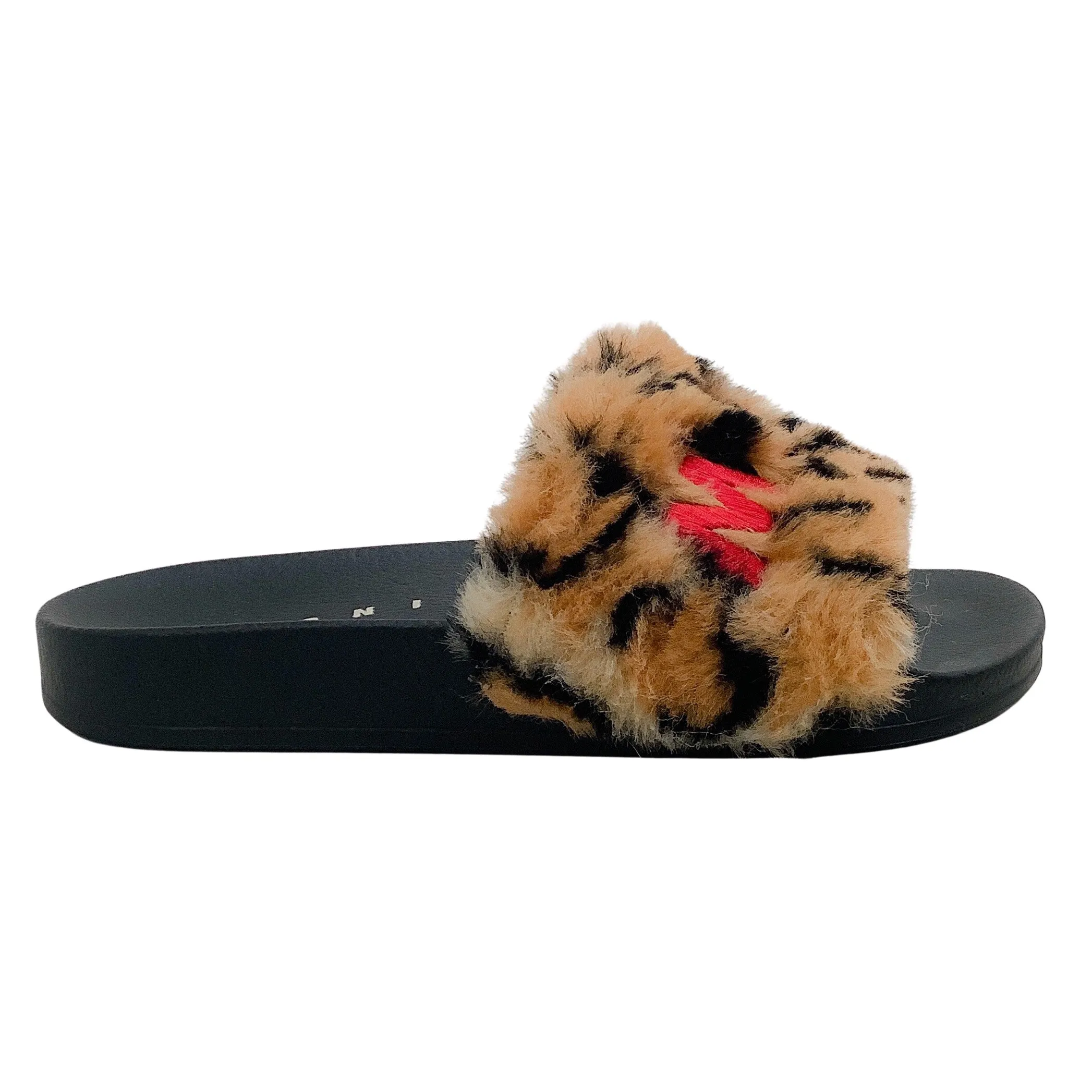 Marni Camel / Black Leopard Faux Fur Embroidered Logo Slide Sandals