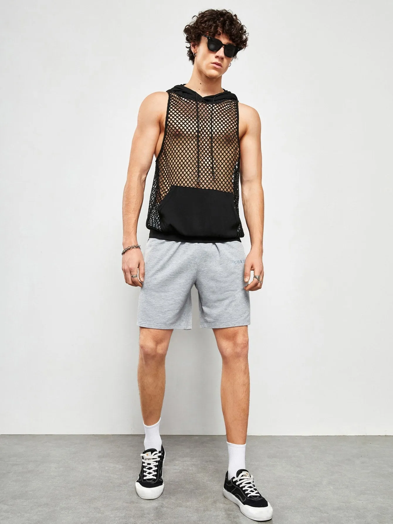 Men's Hooded Mesh Tank Top with Kangaroo Pocket and Drawstring