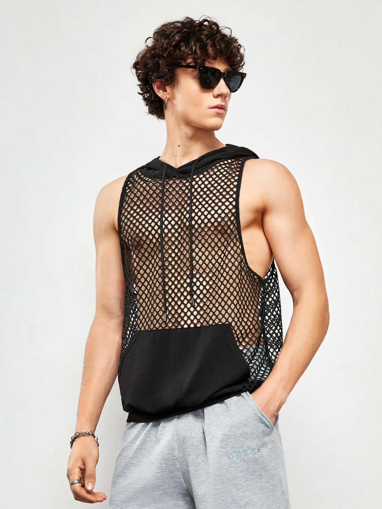 Men's Hooded Mesh Tank Top with Kangaroo Pocket and Drawstring