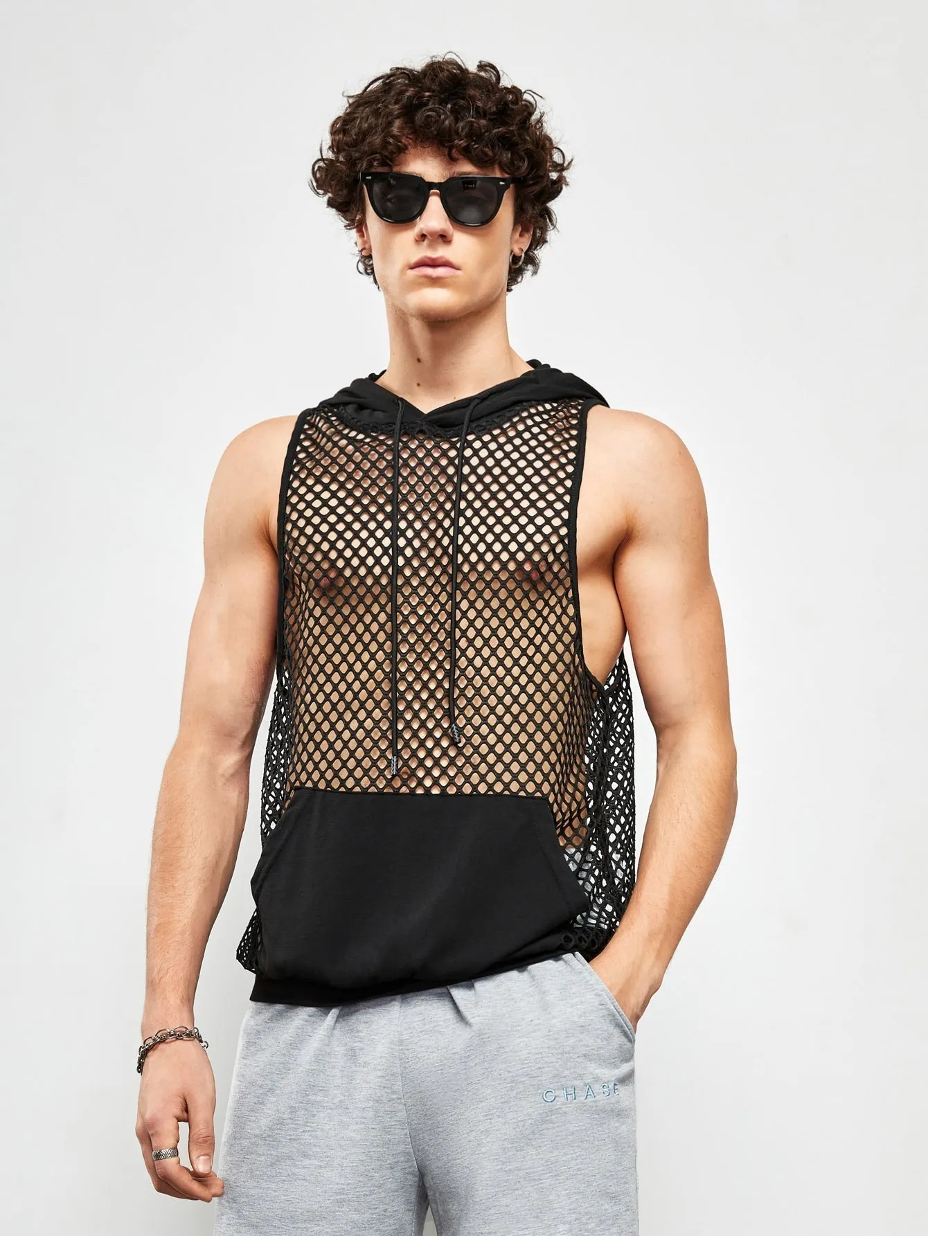 Men's Hooded Mesh Tank Top with Kangaroo Pocket and Drawstring