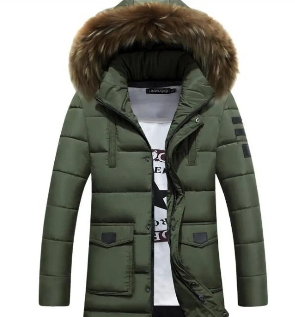 Mens Military Style Winter Faux Fur Hooded Coat in Classic Black