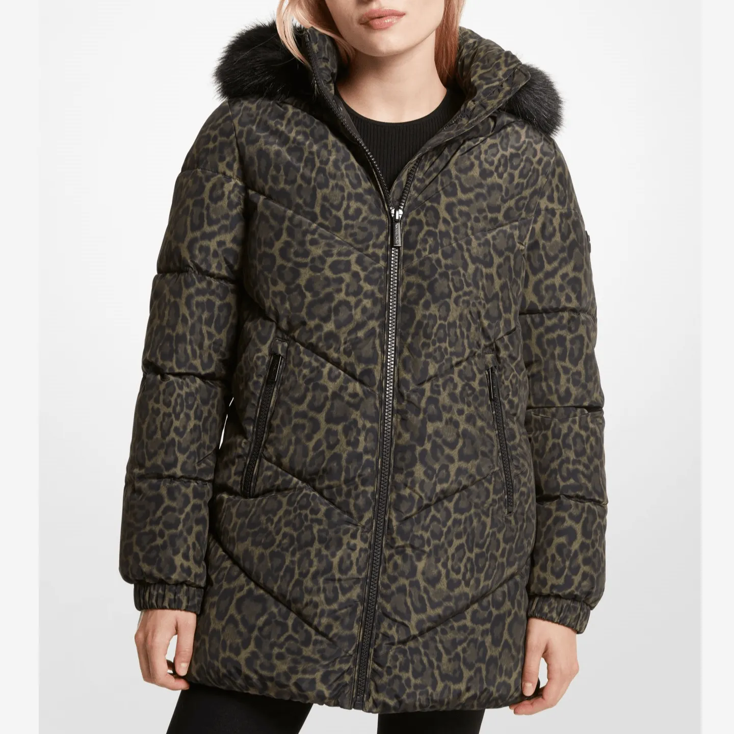 Michael Kors Leopard Print Quilted Puffer Coat, Olive Combo