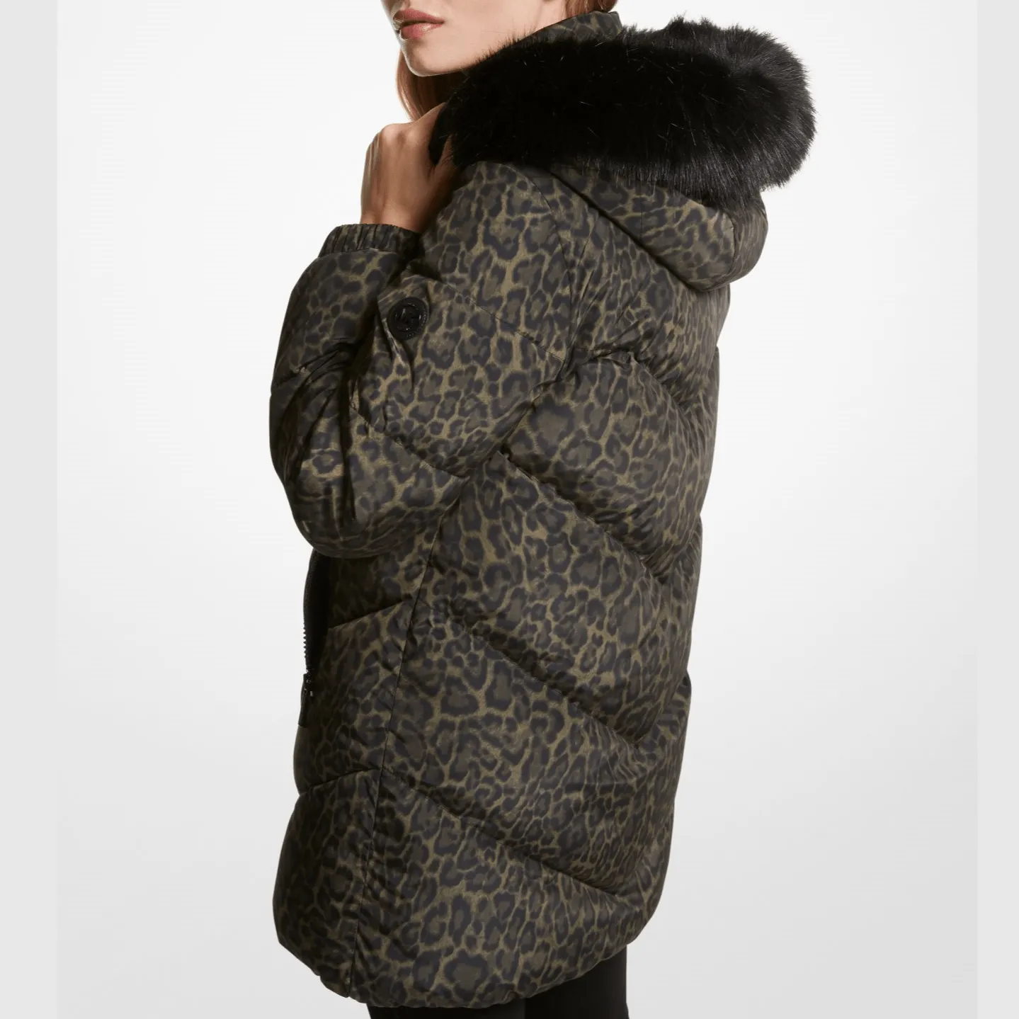 Michael Kors Leopard Print Quilted Puffer Coat, Olive Combo