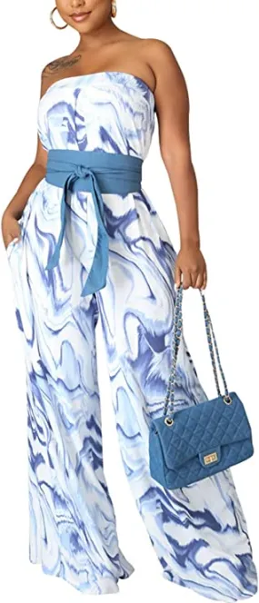 Mosaic Blue Strapless Wide Leg Jumpsuit