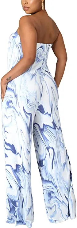 Mosaic Blue Strapless Wide Leg Jumpsuit