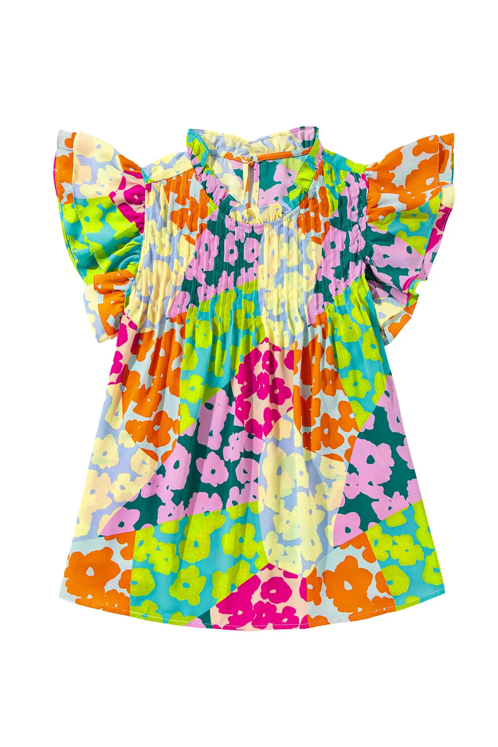 Multicolor Abstract Print Layered Ruffle Sleeve Pleated Blouse