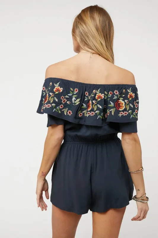 Navy Blue Floral Embroidered Off Shoulder Shorts Romper