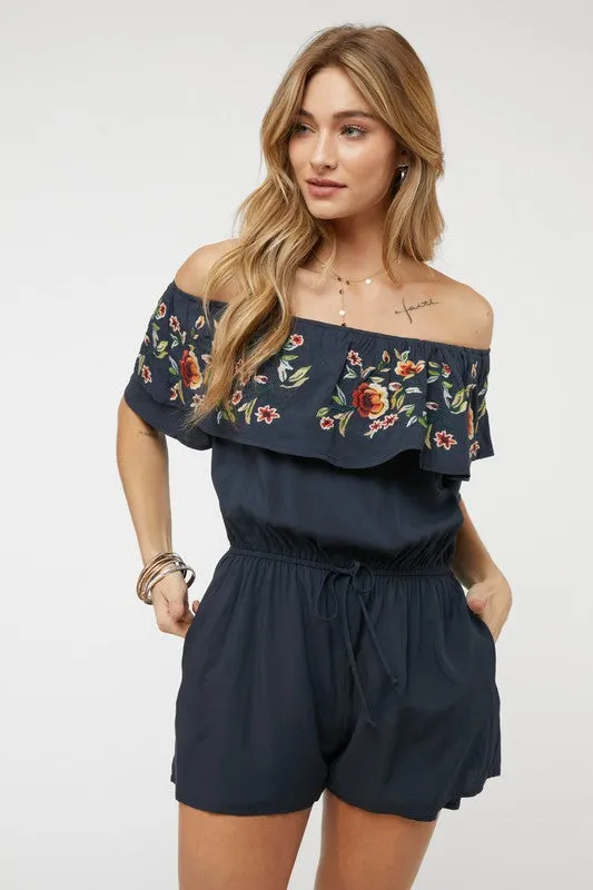 Navy Blue Floral Embroidered Off Shoulder Shorts Romper