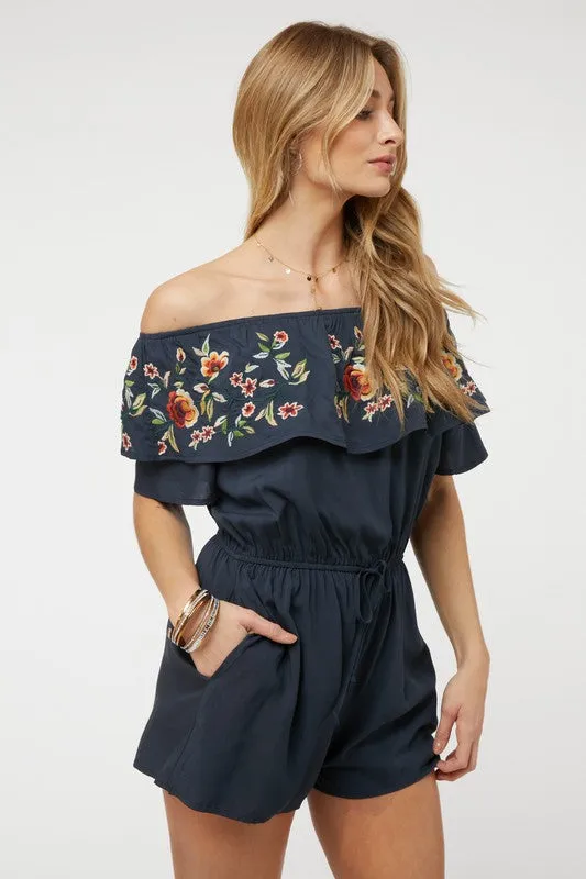 Navy Blue Floral Embroidered Off Shoulder Shorts Romper