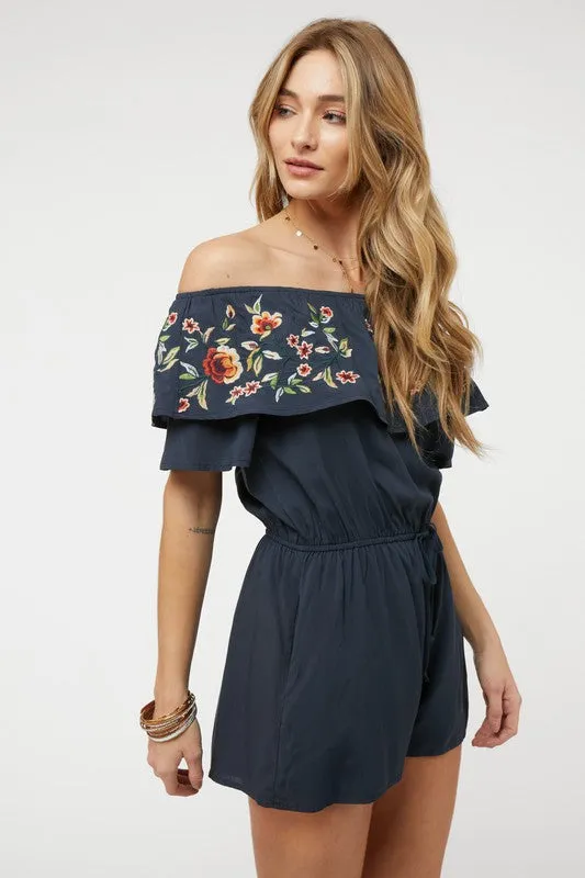 Navy Blue Floral Embroidered Off Shoulder Shorts Romper