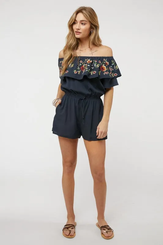 Navy Blue Floral Embroidered Off Shoulder Shorts Romper