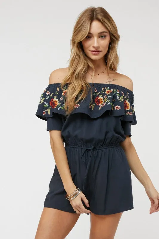 Navy Blue Floral Embroidered Off Shoulder Shorts Romper