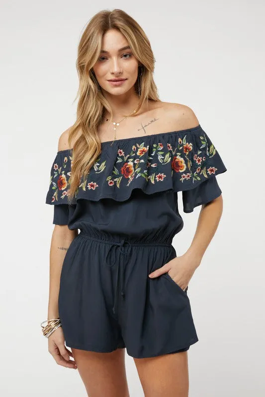 Navy Blue Floral Embroidered Off Shoulder Shorts Romper