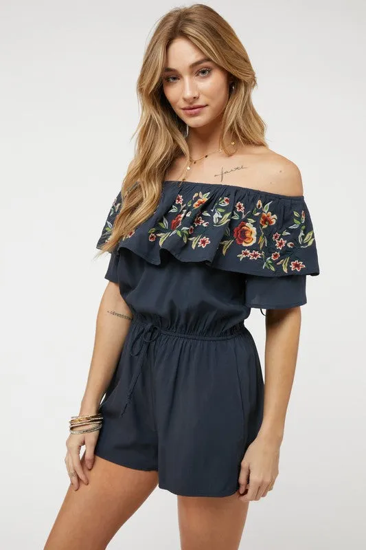 Navy Blue Floral Embroidered Off Shoulder Shorts Romper