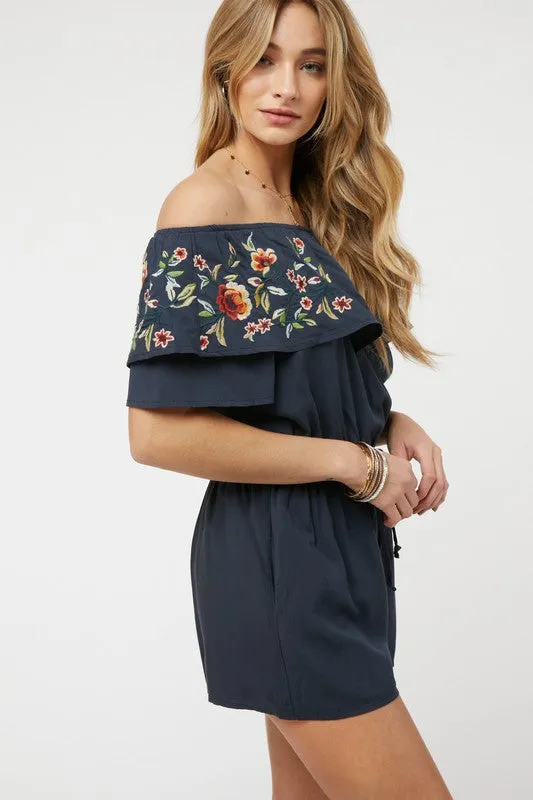 Navy Blue Floral Embroidered Off Shoulder Shorts Romper