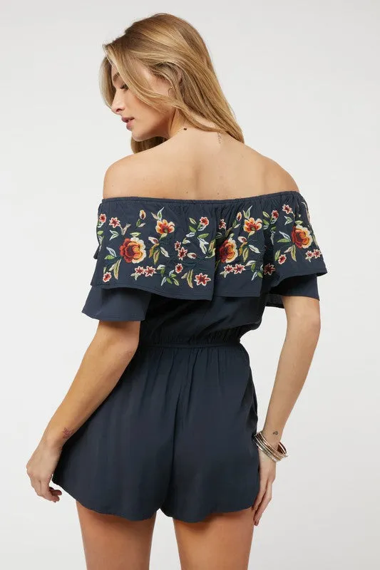 Navy Blue Floral Embroidered Off Shoulder Shorts Romper