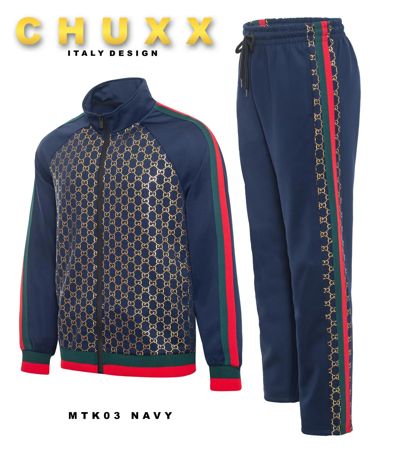 Navy Men's Jogging Set Tracksuit Gold Print Style Red and Green Strips Style No: MTK03