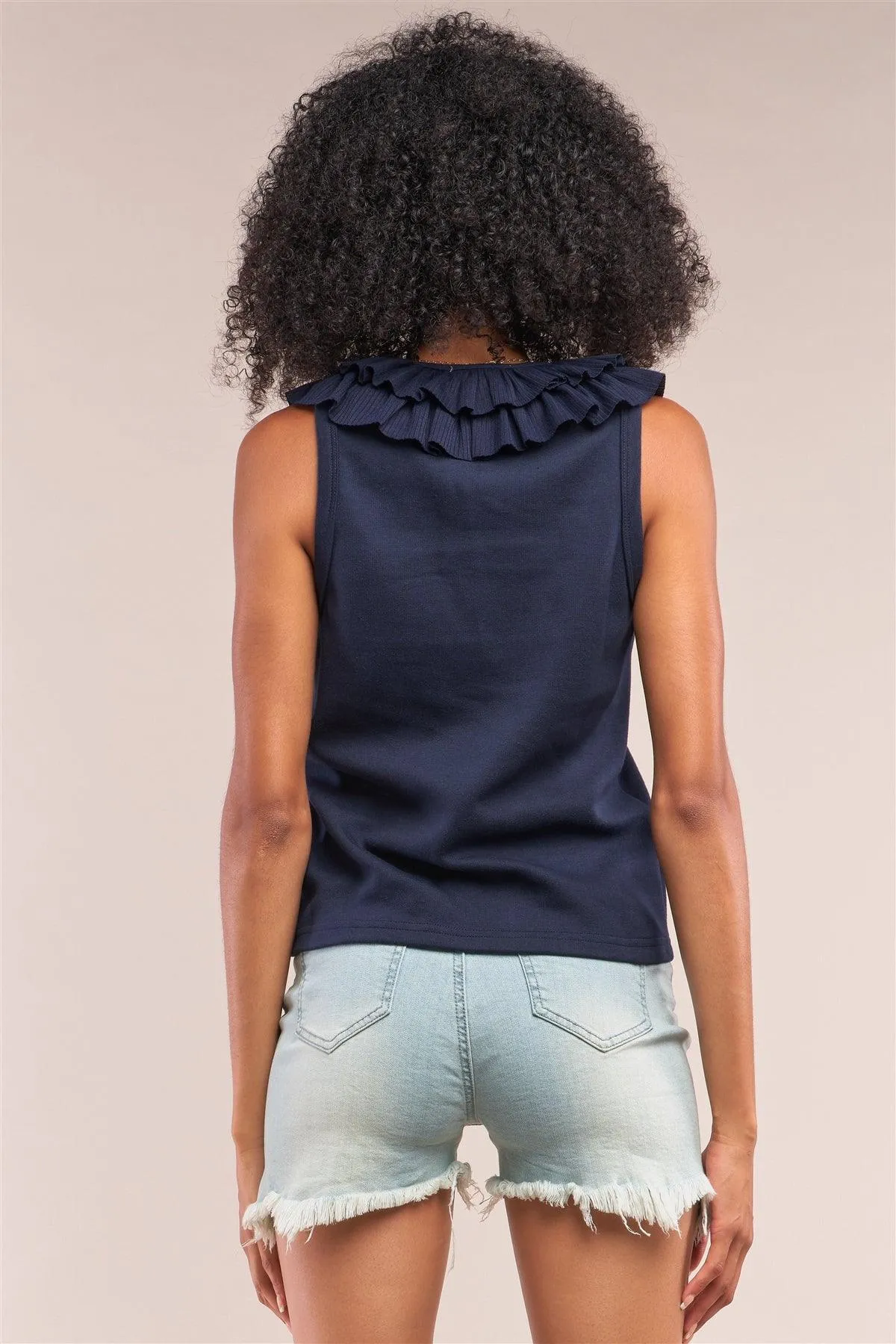 Navy Sleeveless Ribbed Ruffle V-Neck Trim Detail Vest Top /3-3