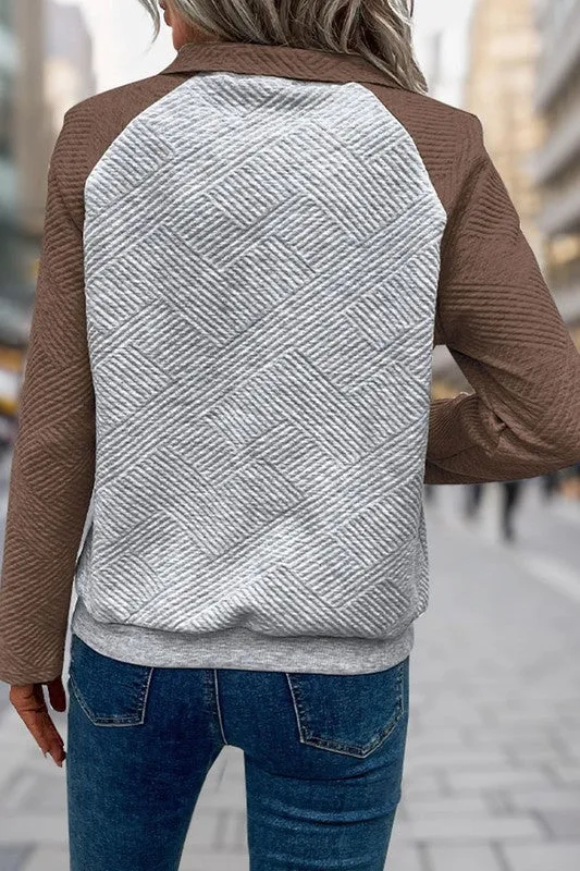 On the Daily - Brown Textured Button Long Sleeve Sweatshirt