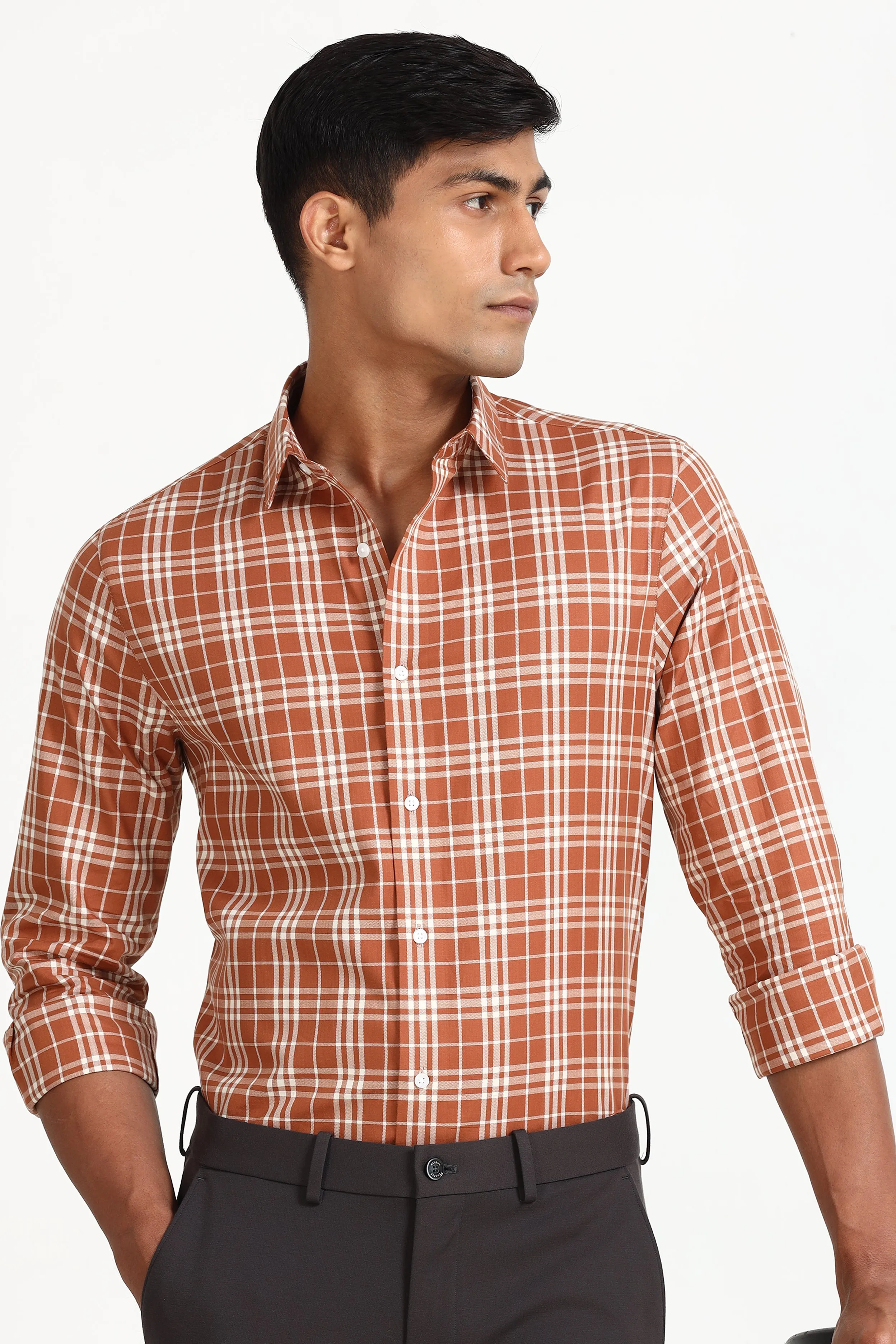 Orange Casual Check Shirt