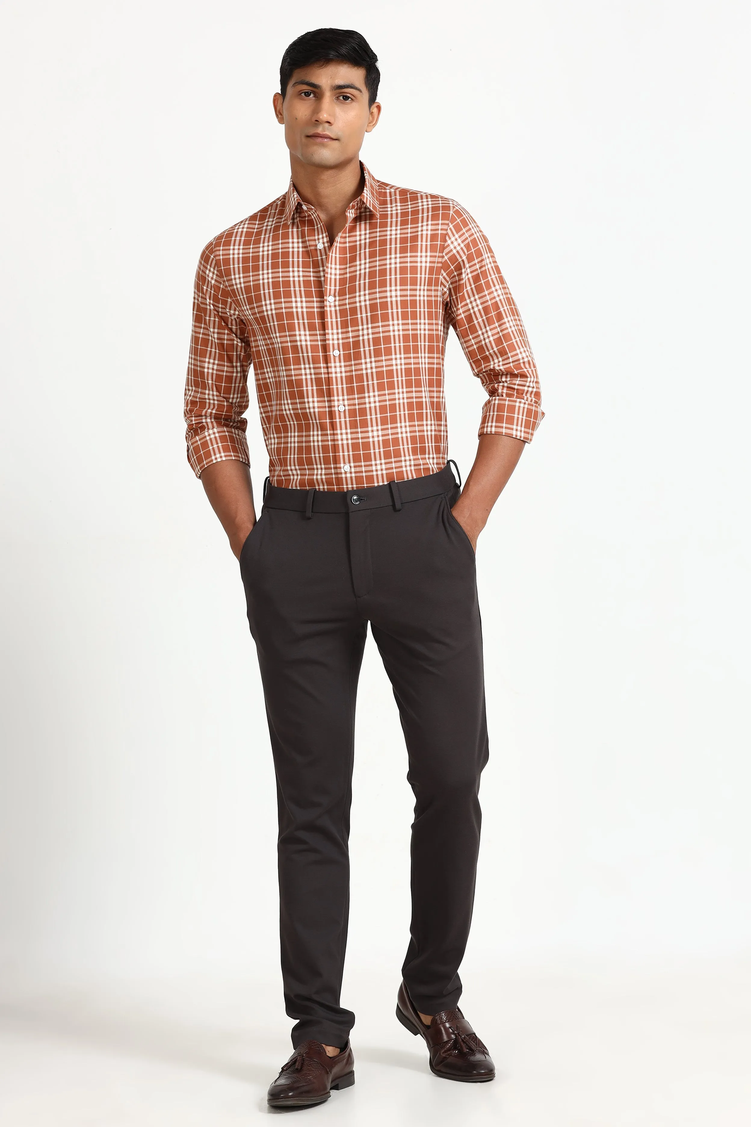 Orange Casual Check Shirt