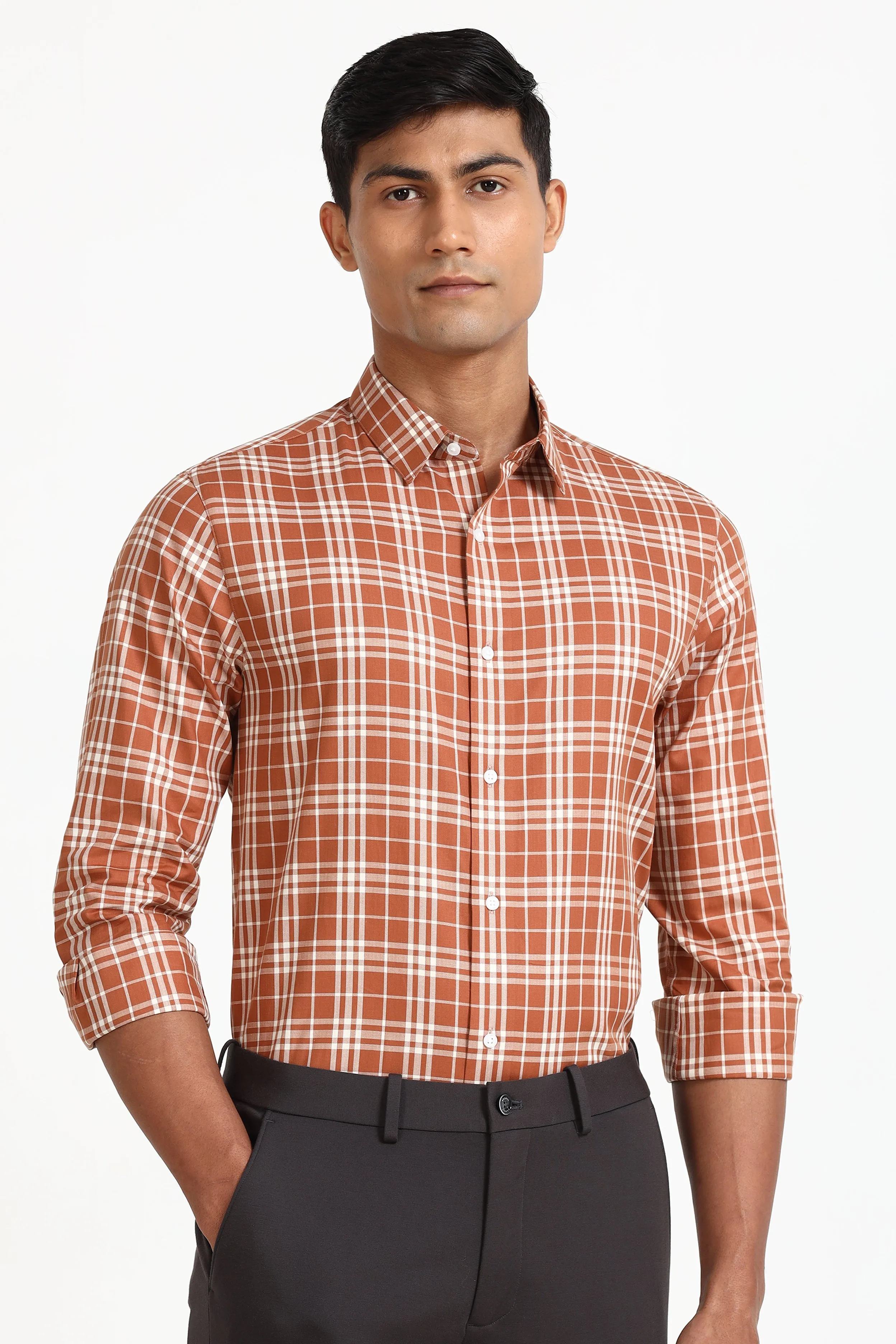 Orange Casual Check Shirt