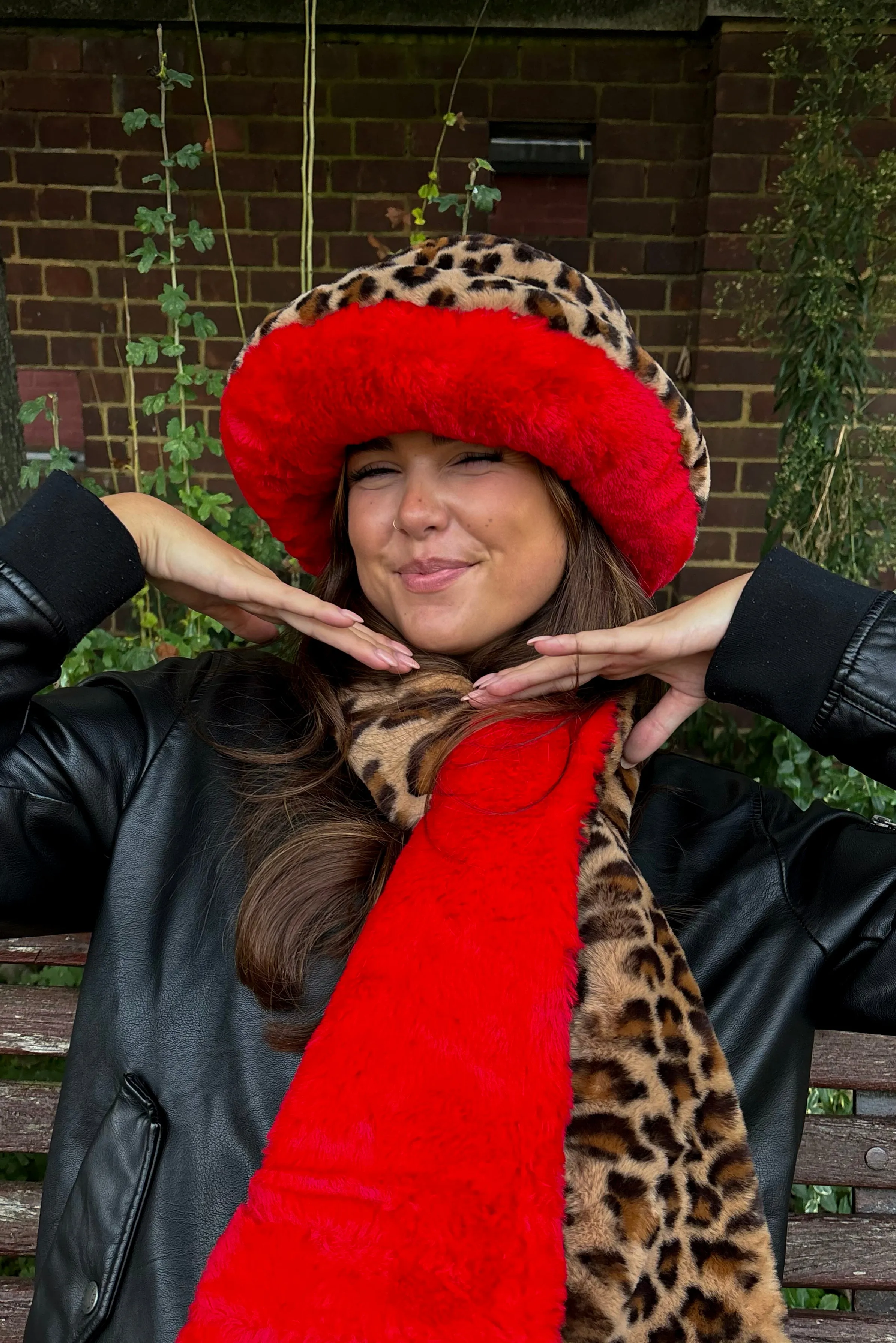 Oversized Fur Bucket Hat in Leopard and Red