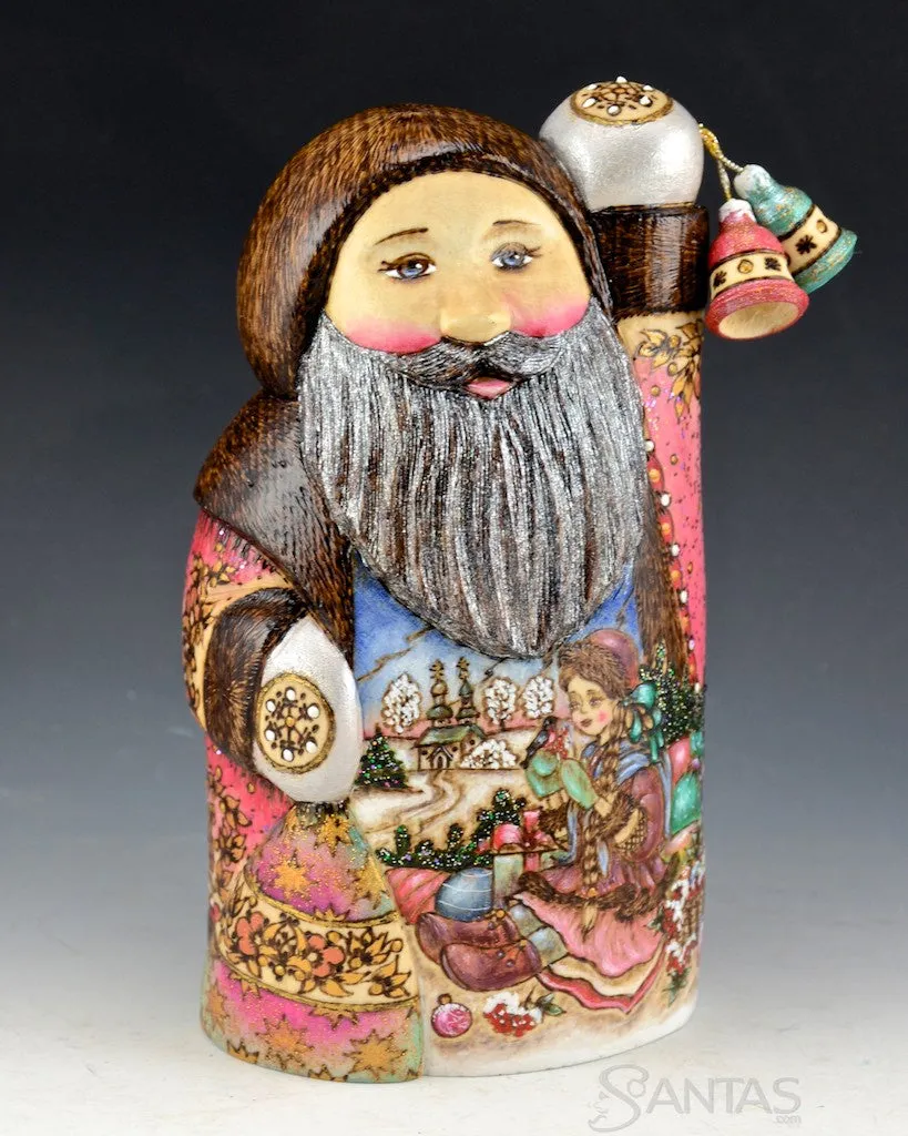 Petite Wood Burned Russian Santa with Bells