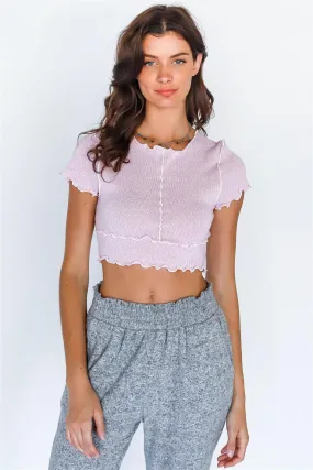 Pink & White Knit Lettuce Edge Stitch Detail Crop Top /3-2-1