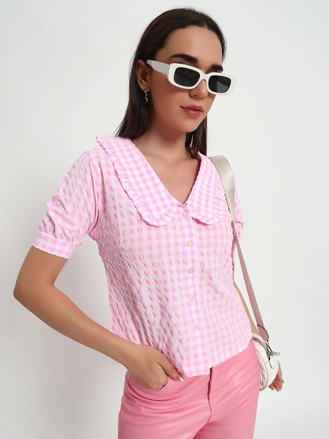 Pink Ghingam Collar Top