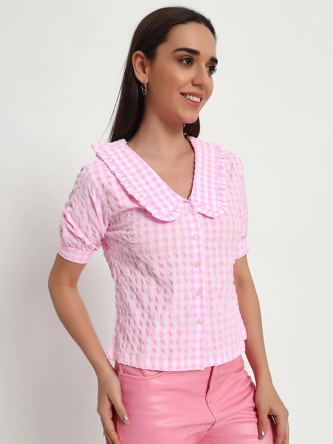 Pink Ghingam Collar Top