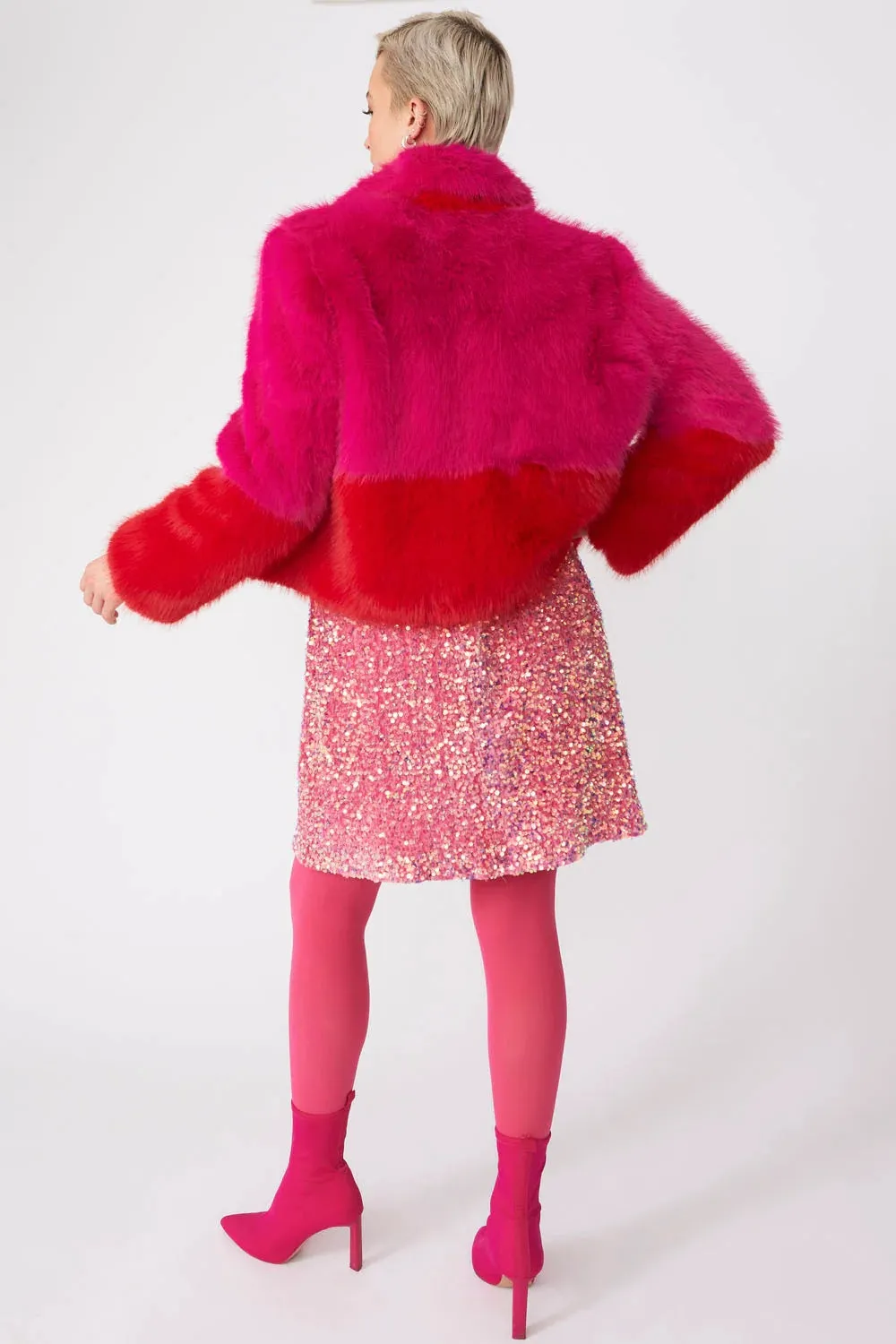 Pink Red Bamboo Faux Fur Double Cropped Coat