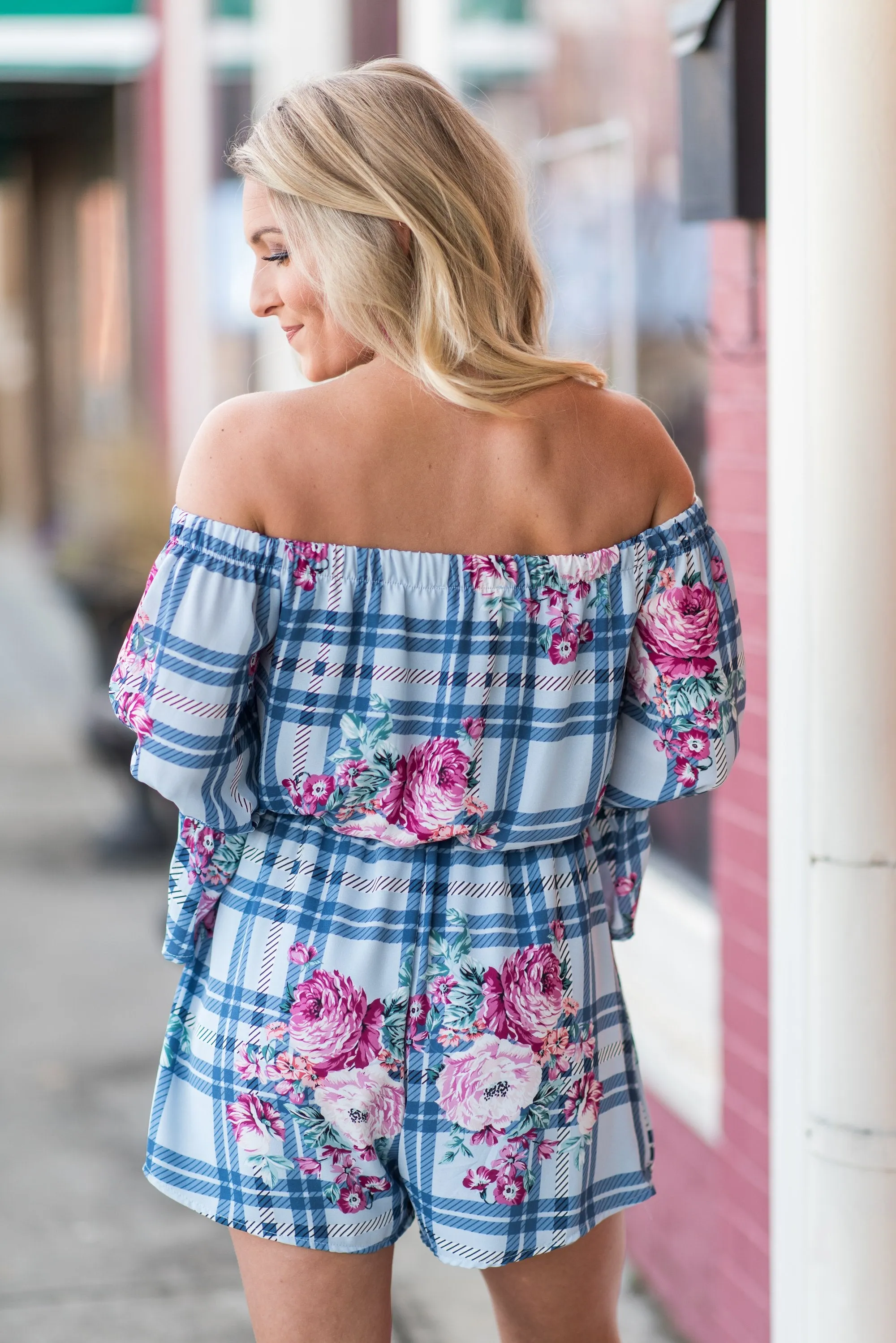 Plaid Influences Romper, Navy-Magenta