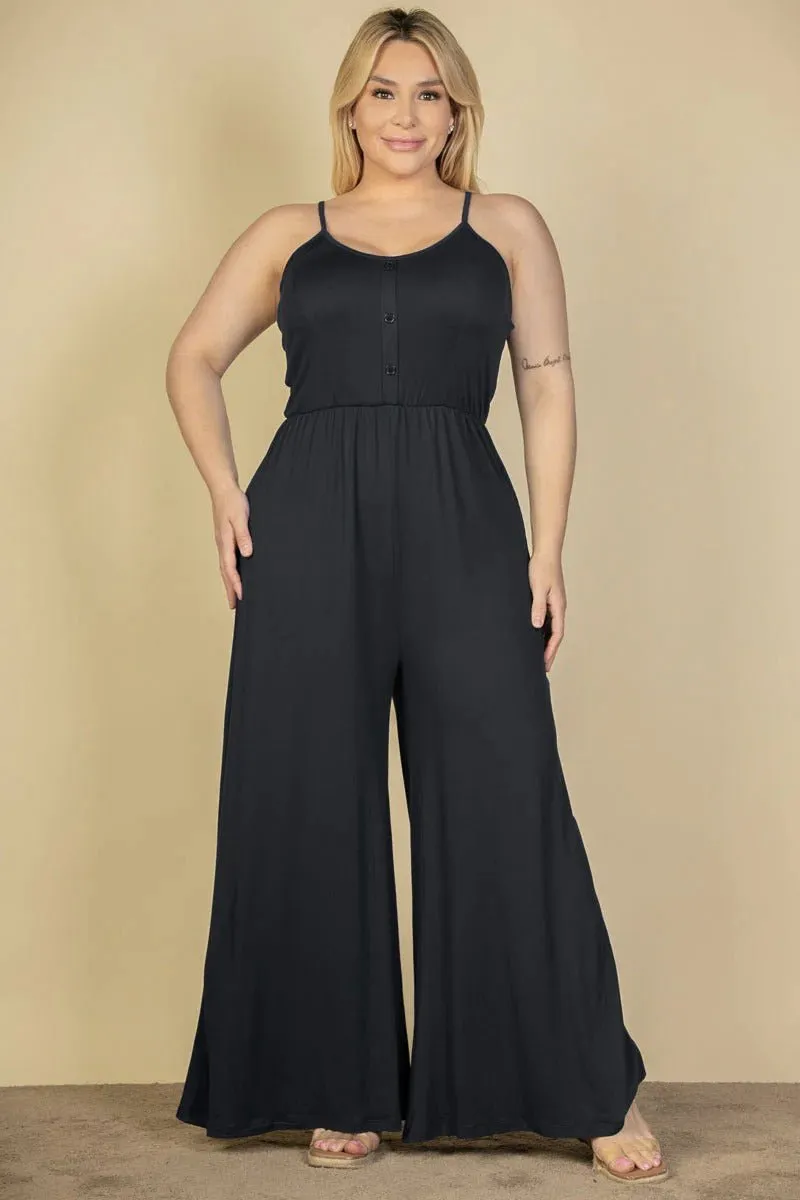 Plus Size Button Front Wide Leg Jumpsuit