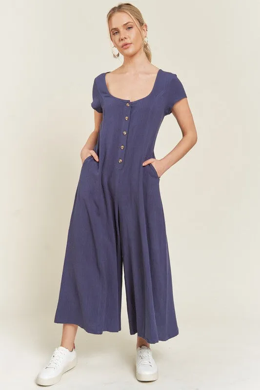 Plus Size Navy Blue Linen Button Down Wide Leg Jumpsuit