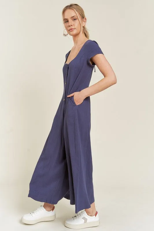 Plus Size Navy Blue Linen Button Down Wide Leg Jumpsuit