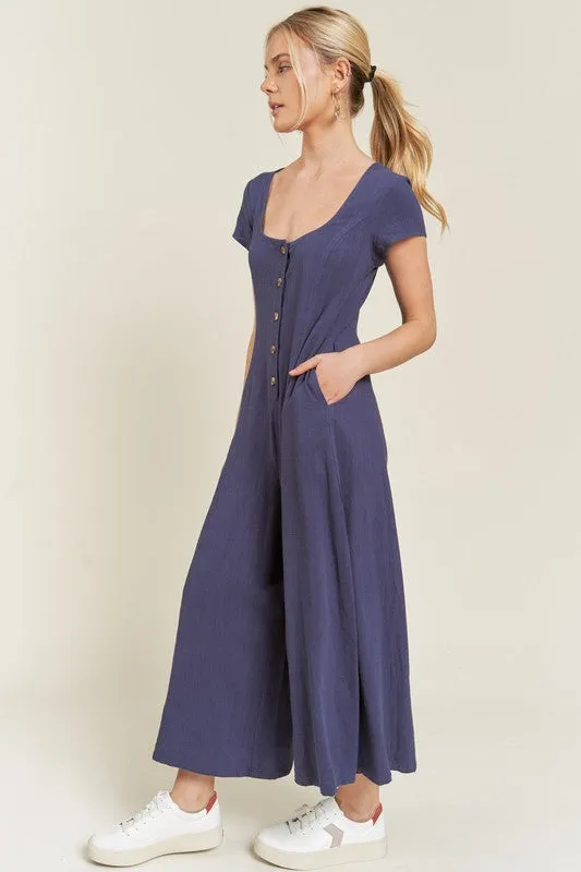 Plus Size Navy Blue Linen Button Down Wide Leg Jumpsuit