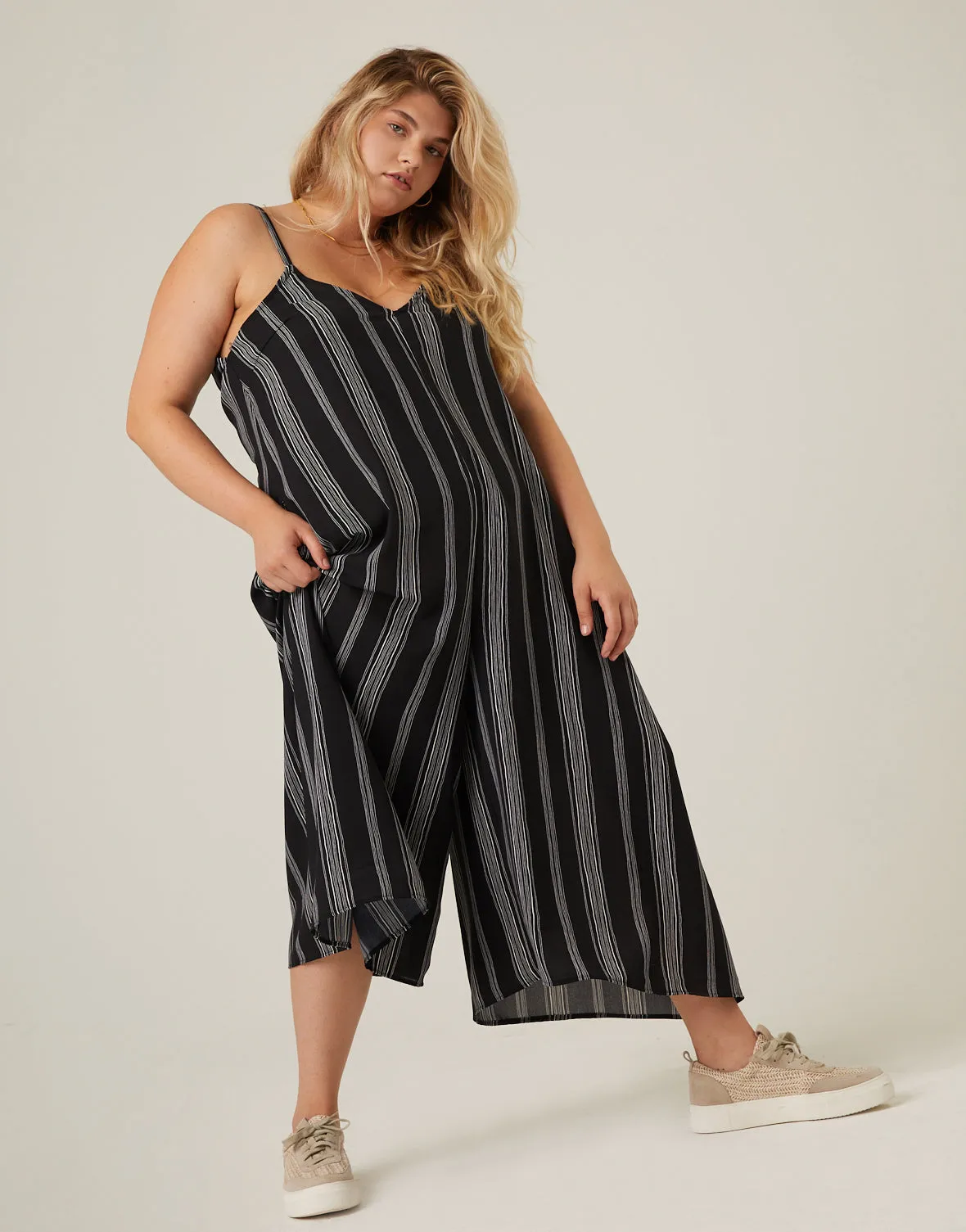 Plus Size Striped Flowy Cropped Jumpsuit