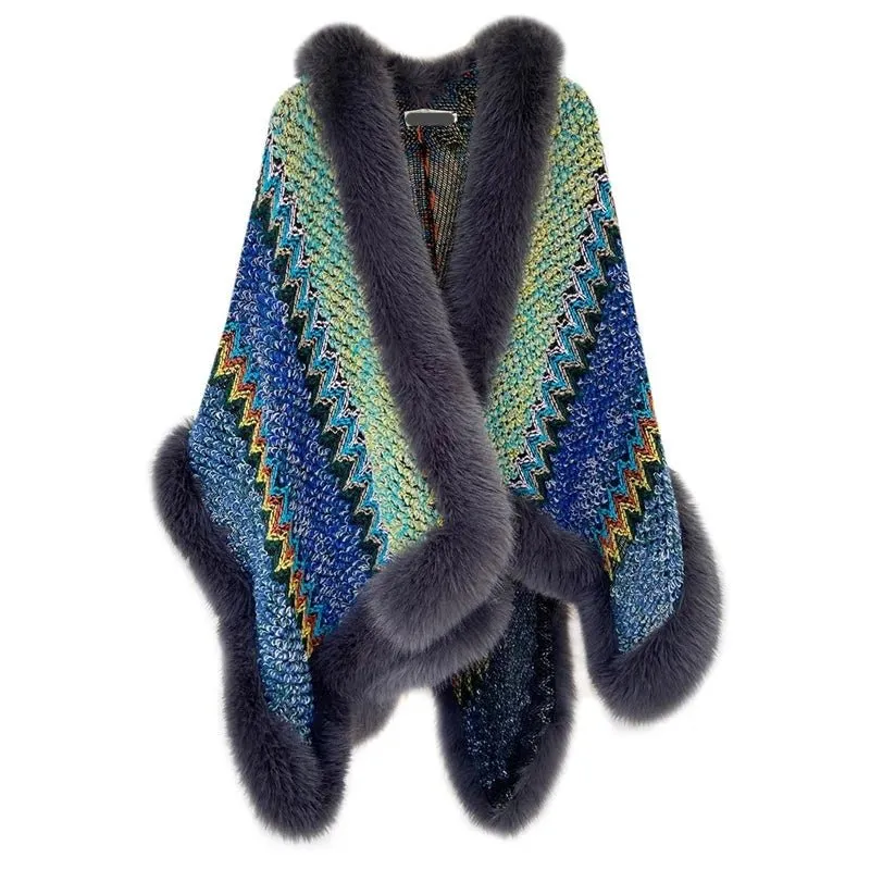 Pre Order:  Fur Trimmed Knitted Ethnic Cloak