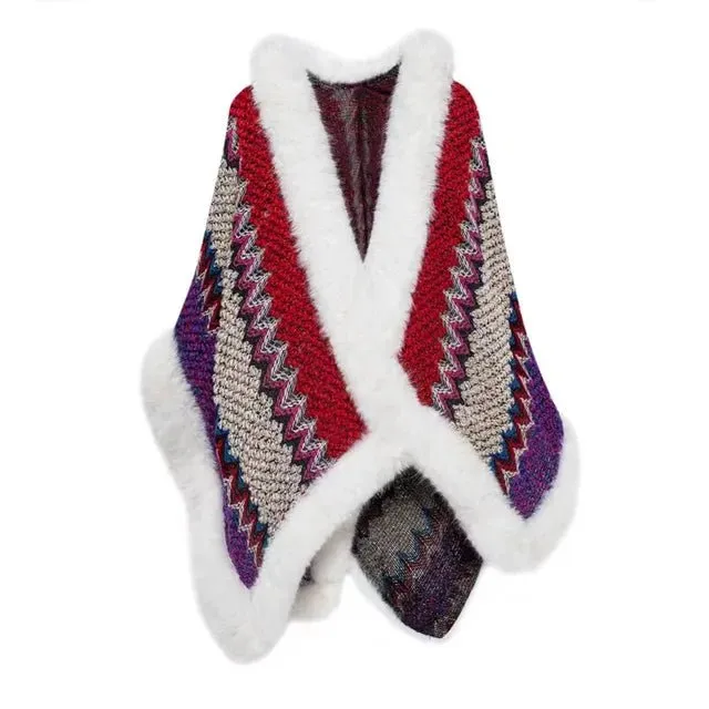 Pre Order:  Fur Trimmed Knitted Ethnic Cloak