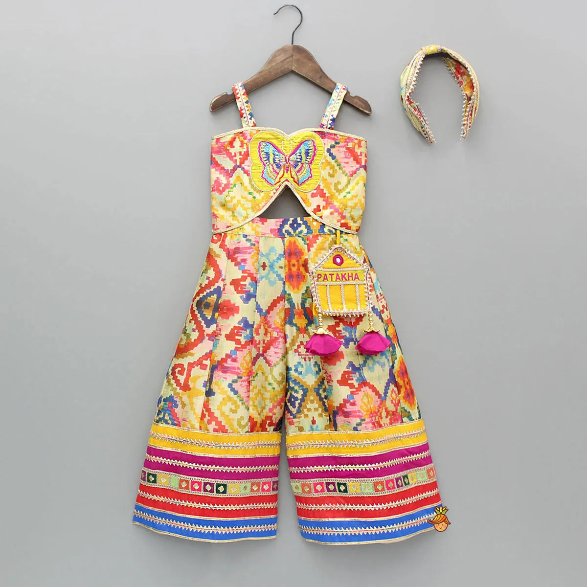 Pre Order: Printed Embroidered Multicoloured Strappy Jumpsuit With Hairband