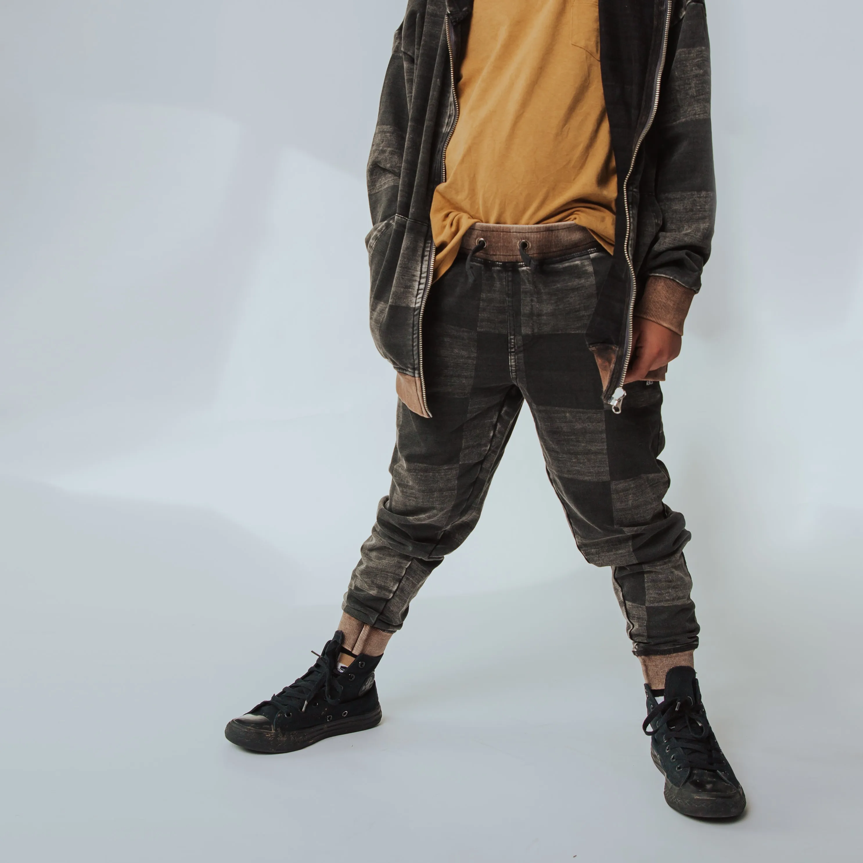 Relaxed Fit Joggers - Washed Black Denim Check