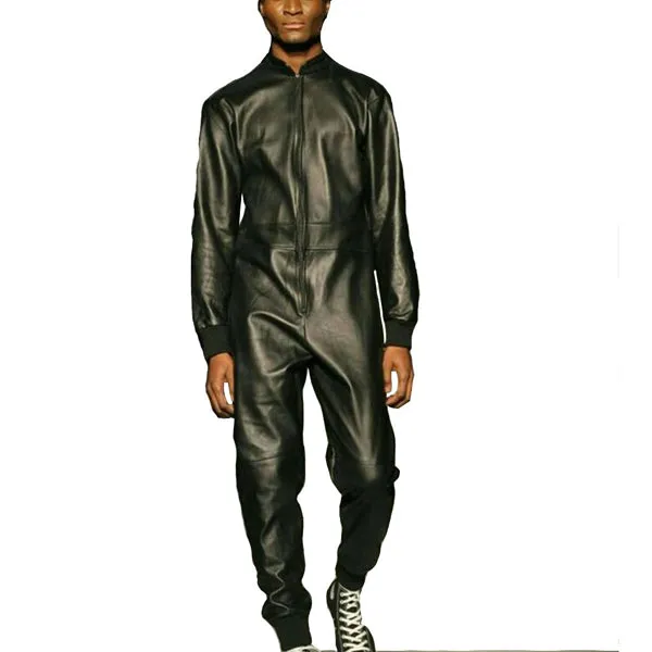 Ribbed Biker Men Leather Jumpsuit