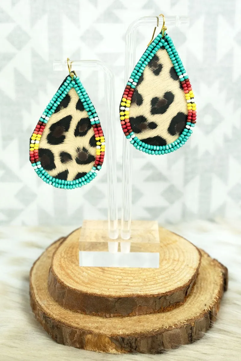 SALE! Lakewood Brown Leopard and Turquoise Seed Bead Teardrop Earrings