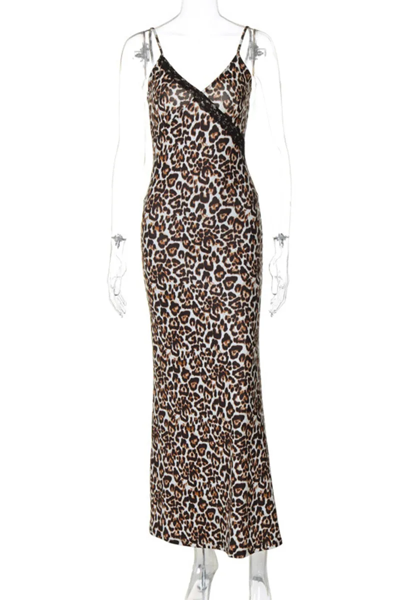 Sexy Vintage Leopard Backless V Neck One Step Skirt Dresses