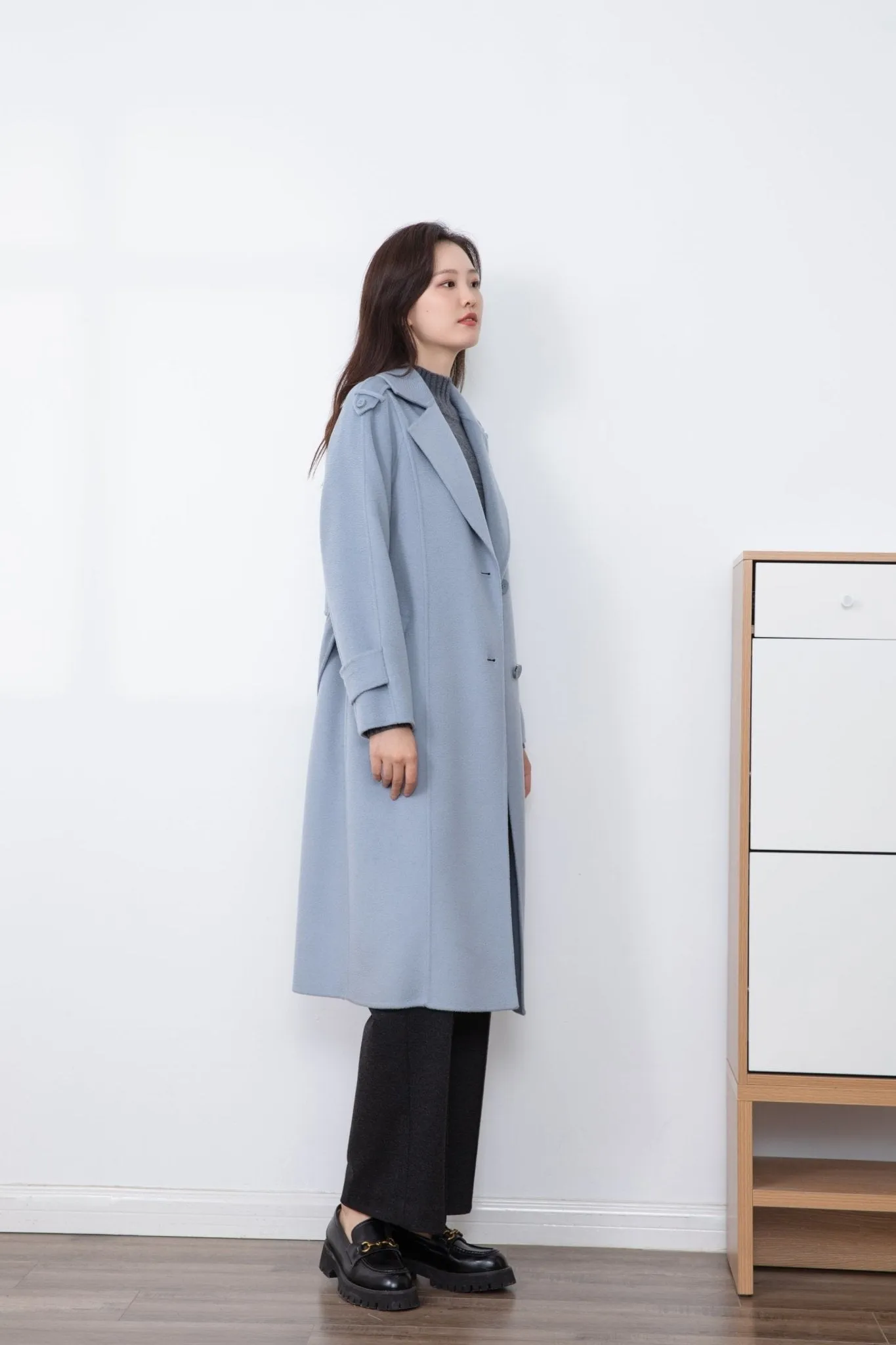 Shadow Blue Single-Breasted Wool Overcoats