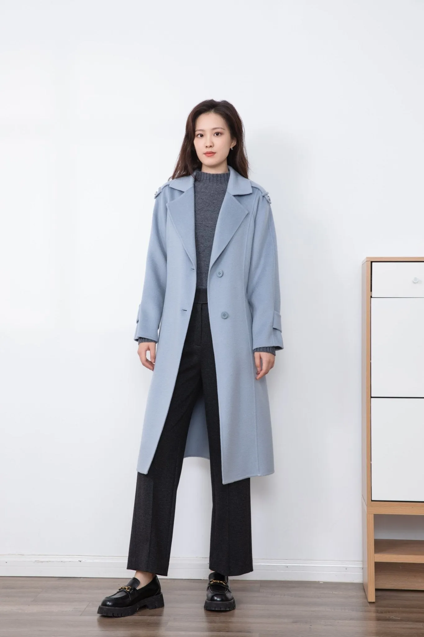 Shadow Blue Single-Breasted Wool Overcoats