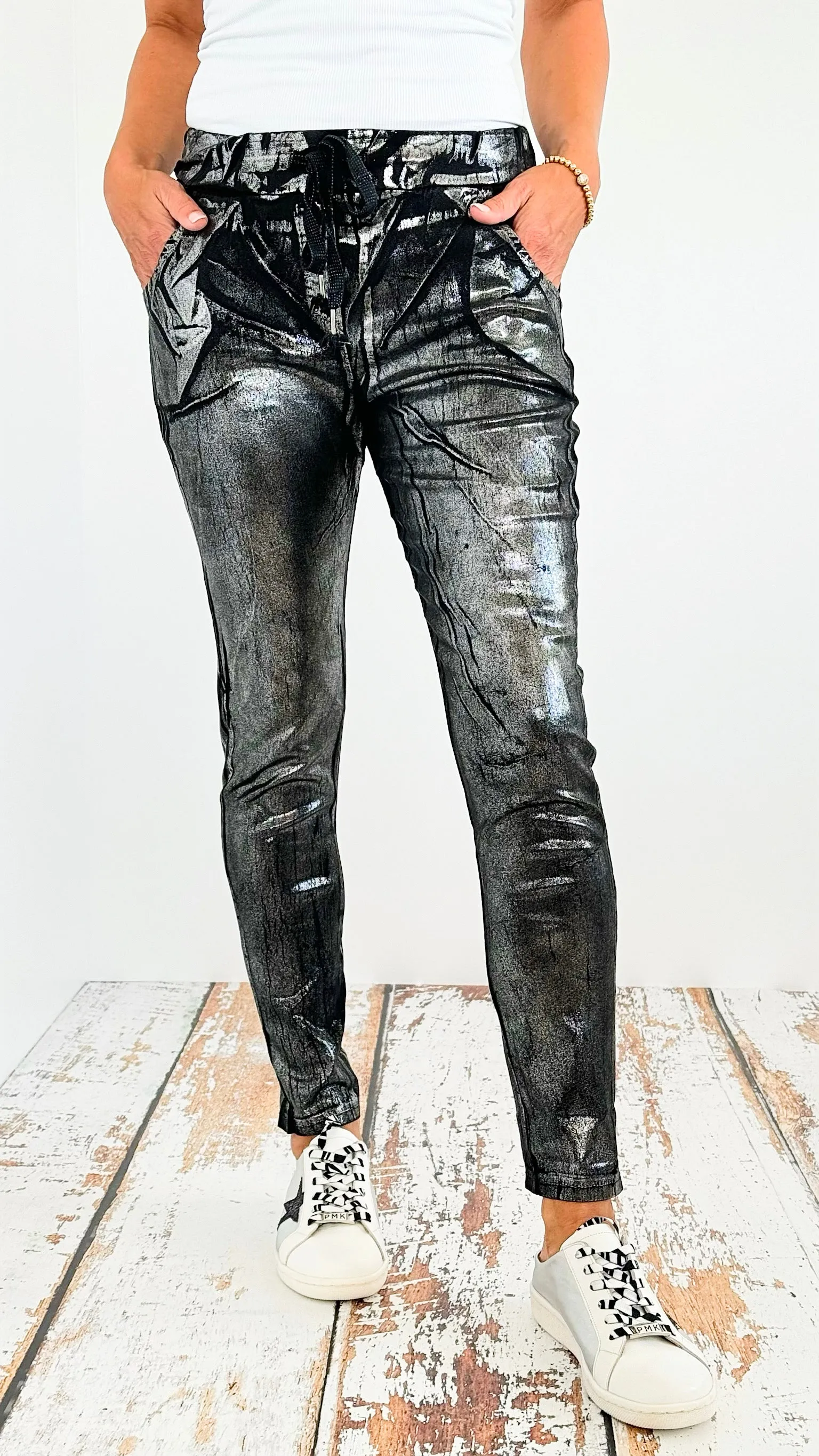 Shine-On Glistening Italian Joggers - Black/ Silver