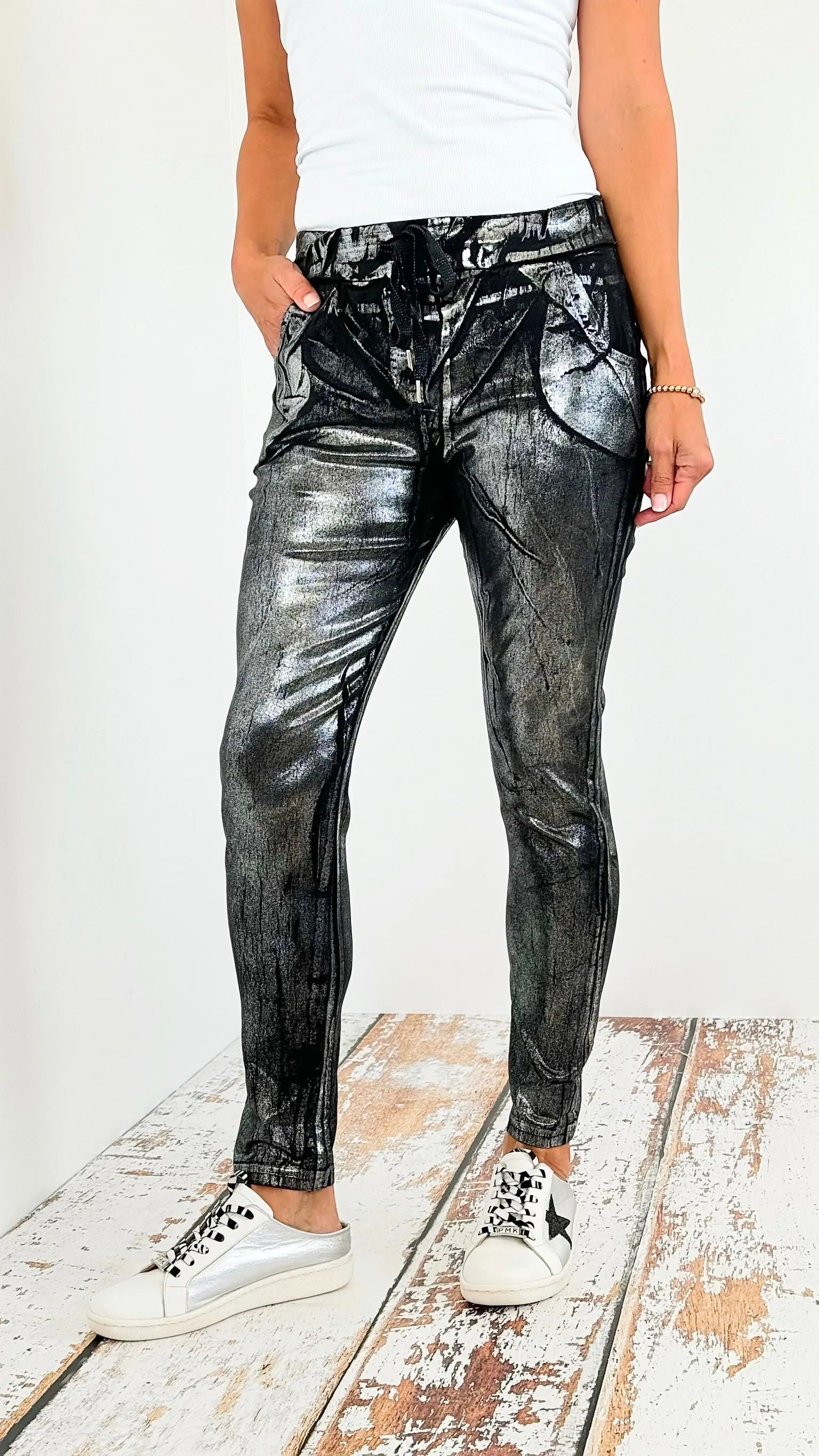 Shine-On Glistening Italian Joggers - Black/ Silver