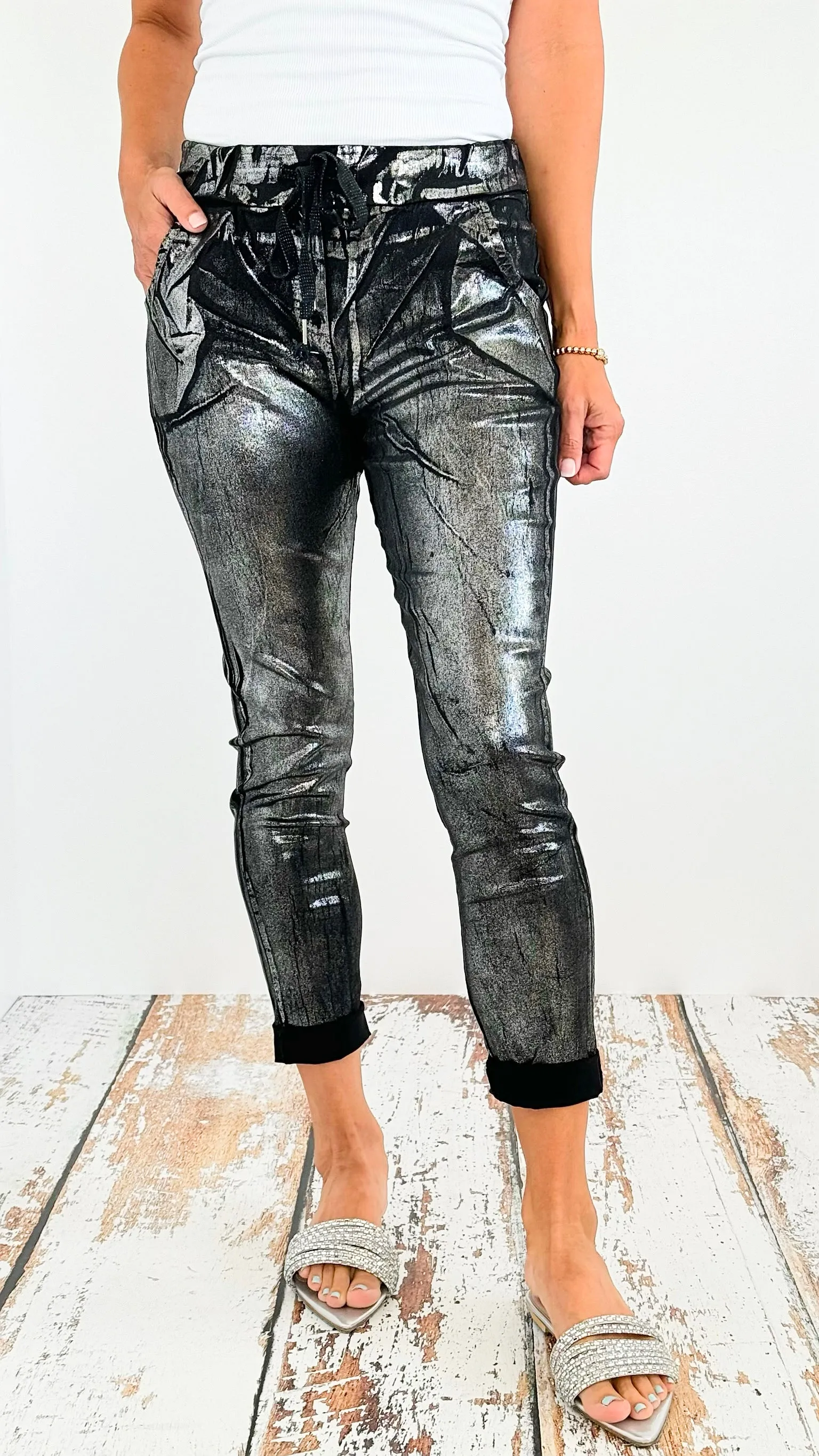 Shine-On Glistening Italian Joggers - Black/ Silver